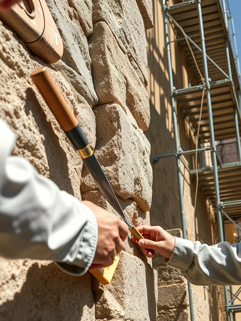 A vibrant photograph of skilled artisans carefully restoring the stone façade of Château de Montigny-Montfort, with scaffolding and conservation tools visible, highlighting hands-on preservation work.