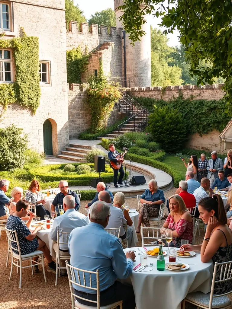 A lively outdoor music concert in the château’s courtyard, with local musicians performing and an audience of families and visitors enjoying the evening.