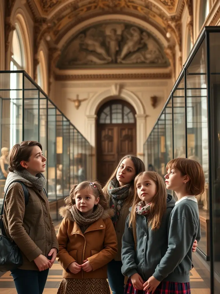 A group of children and adults participating in a guided educational tour inside the château, with an instructor explaining historical artifacts and architecture.