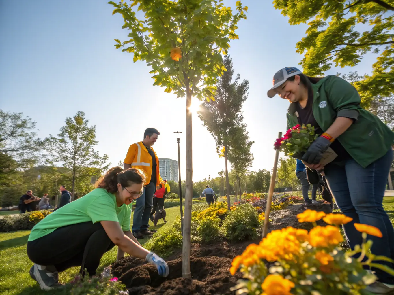 A warm, candid photo of volunteers and local residents planting trees and maintaining the Château’s gardens, with gardening tools, saplings, and teamwork evident, highlighting environmental stewardship and community involvement.