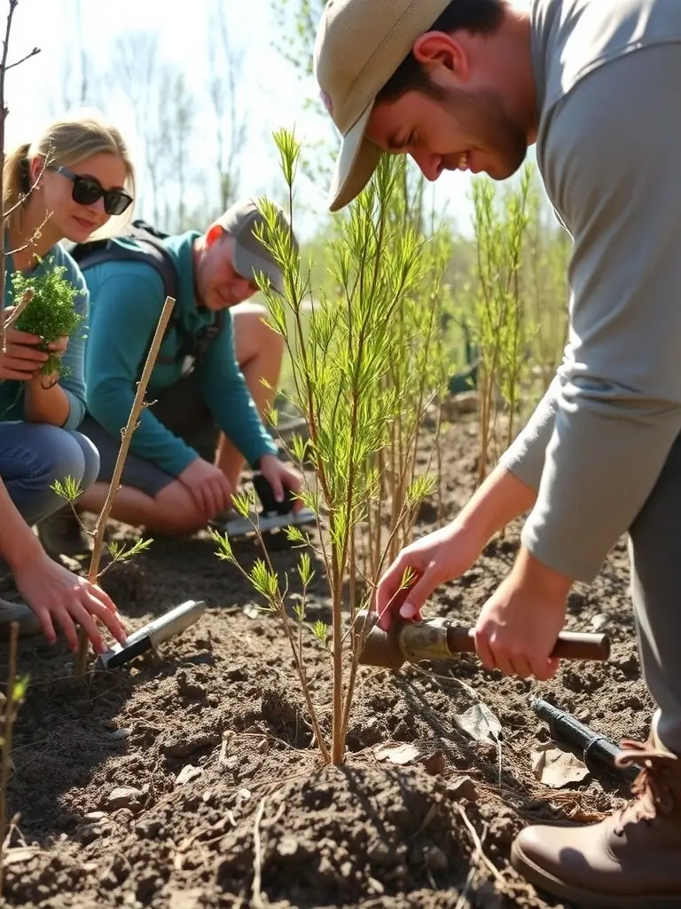 Volunteers planting native flowers and shrubs in the château’s gardens, with informational signs about biodiversity and sustainable landscaping.