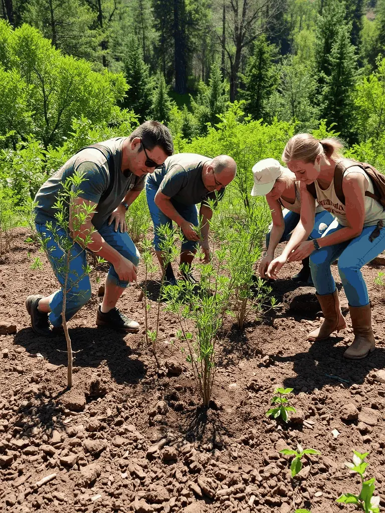 A group of volunteers planting native flowers and shrubs in the château’s gardens, working together with gardening tools and wearing association-branded shirts.