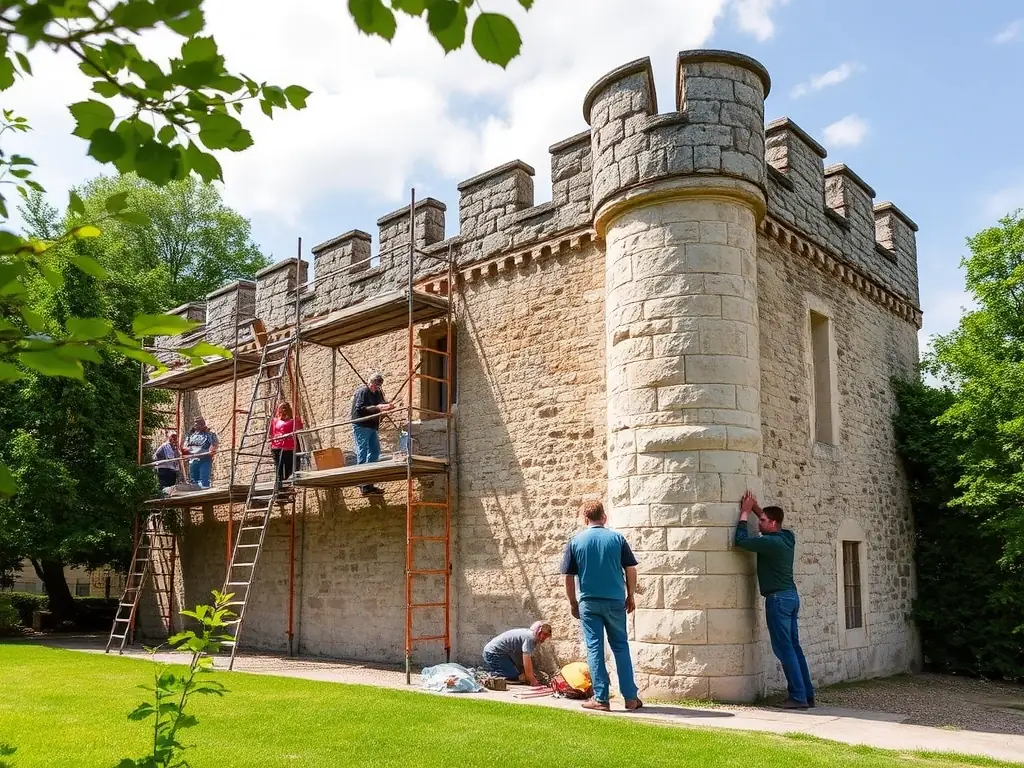 A vibrant, high-resolution photo of skilled artisans carefully restoring the stone façade of Château de Montigny-Montfort, with scaffolding, tools, and conservation materials visible, set against the backdrop of the historic castle and lush greenery.