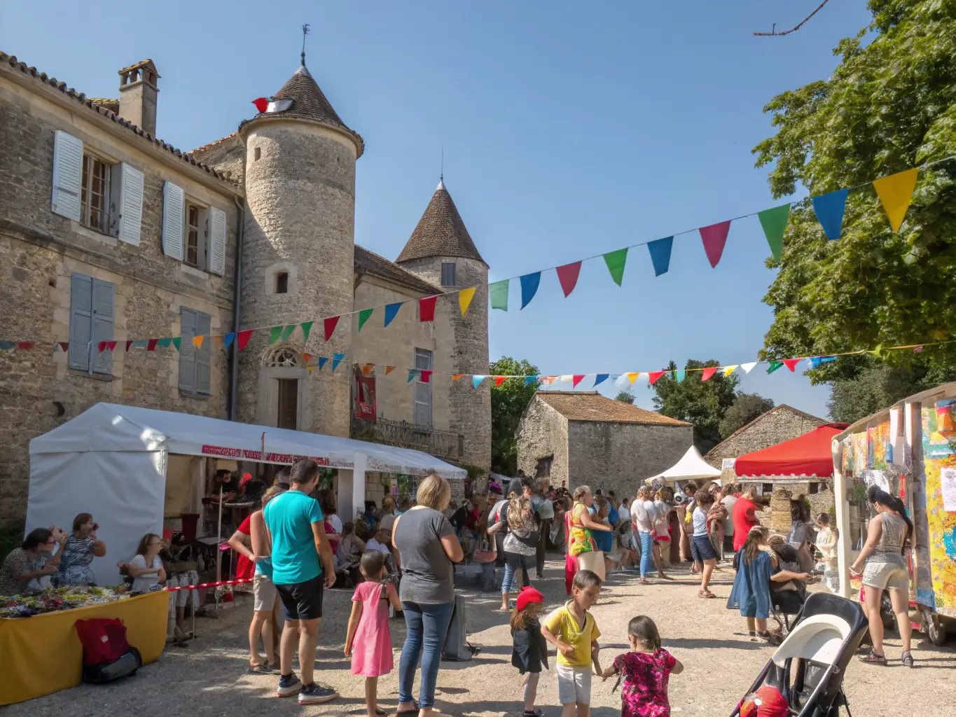 A lively image of families and children participating in a cultural festival at the Château, with colorful banners, traditional costumes, and musicians performing in the castle courtyard, capturing a joyful community atmosphere.