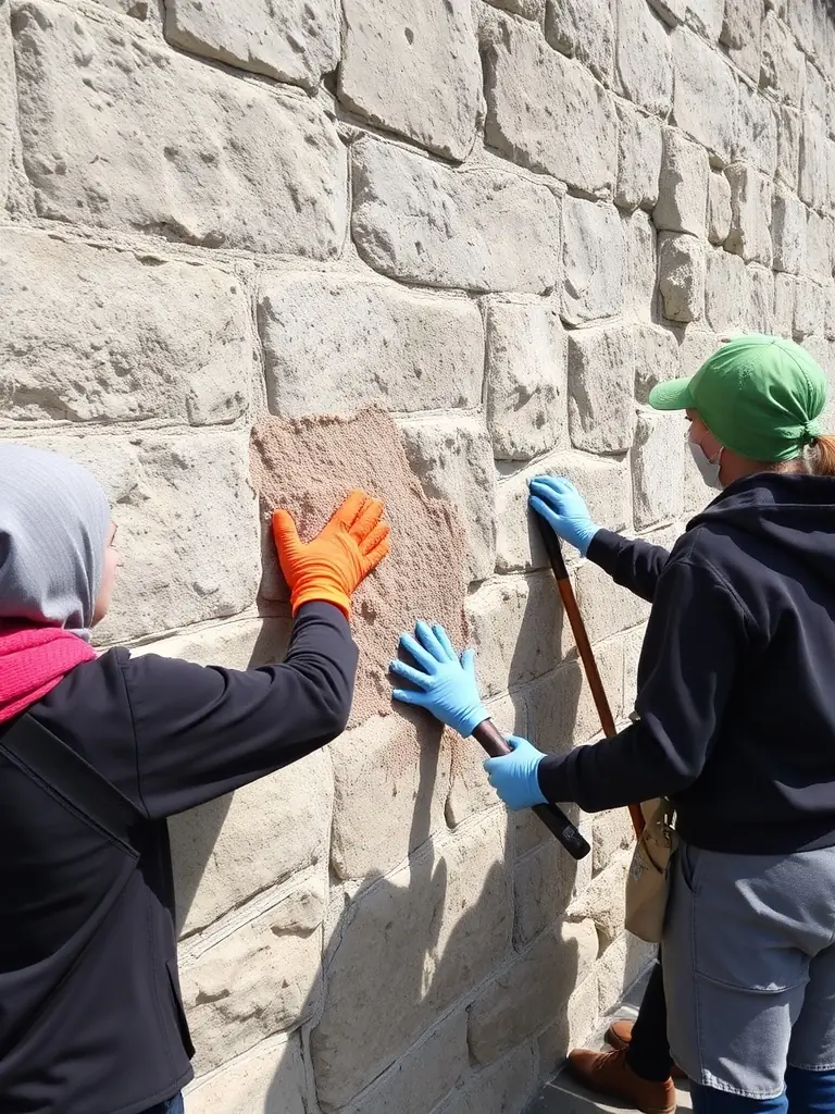 A skilled artisan carefully restoring a centuries-old stone wall of Château de Montigny-Montfort, with scaffolding and conservation tools visible, under soft daylight.