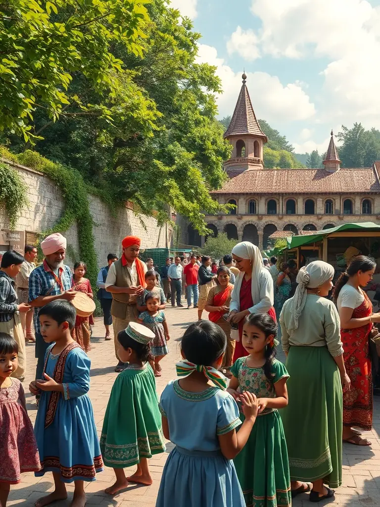 A lively scene of families and children participating in a summer cultural festival on the château grounds, with traditional music, local food stalls, and colorful decorations.