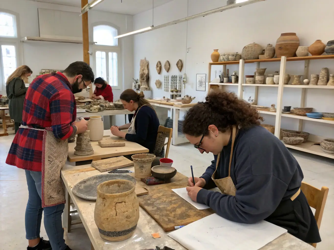 A group of children and adults participating in a hands-on heritage workshop, learning about traditional crafts inside a restored room of the château, symbolizing educational outreach and intergenerational learning.