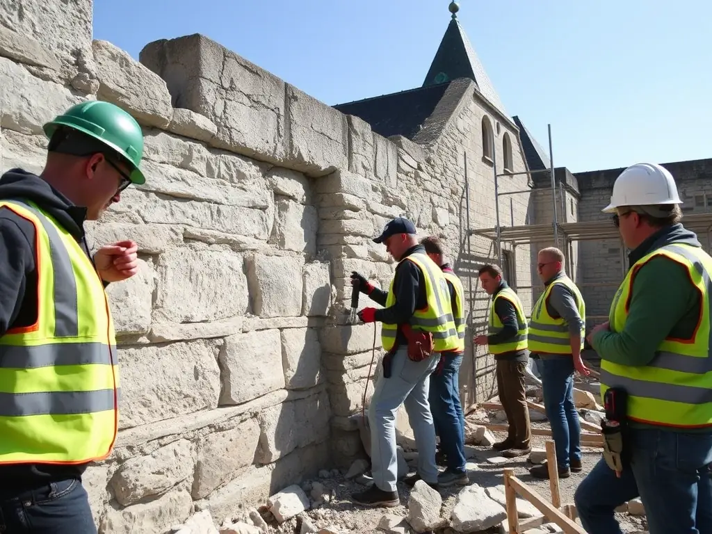 A team of volunteers carefully restoring a centuries-old stone wall of the Château de Montigny-Montfort, surrounded by lush greenery and historical architecture, illustrating active conservation work in progress.